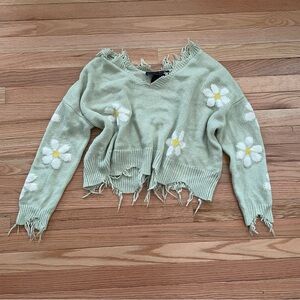 Polly Esther Knit Sweater Womens Medium Green Daisy Cottagecore Fairy Artsy